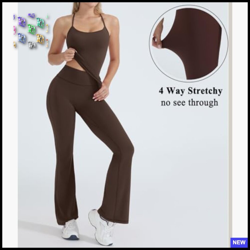 Padded Tank Top Flare Leggings Workout Set Silky Smooth Slim Fit Pilates Outfit - Picture 3 of 7